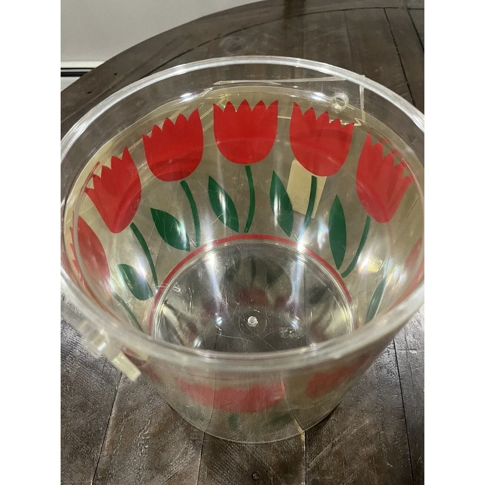 Vintage HJ STOTTER‎ Painted Acrylic Red Tulip Ice Bucket Barware Floral
